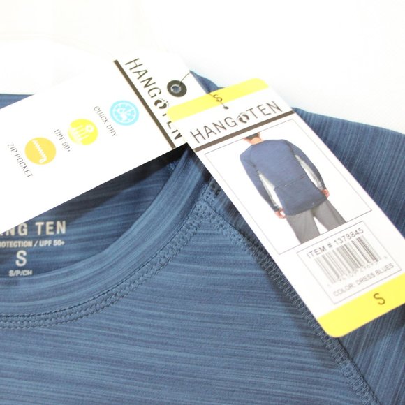 HANG TEN MENS UPF 50+ SUN TEE T SHIRT NWT LONG SLEEVE SZ SMALL BLUE GRAY POCKET - Picture 9 of 13